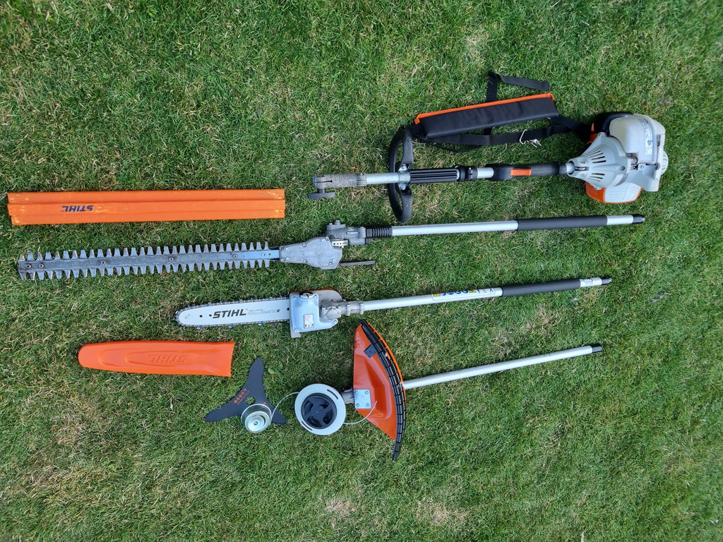 USED Stihl KM100R professional combi set. strimmer, long reach hedge cutter pole saw