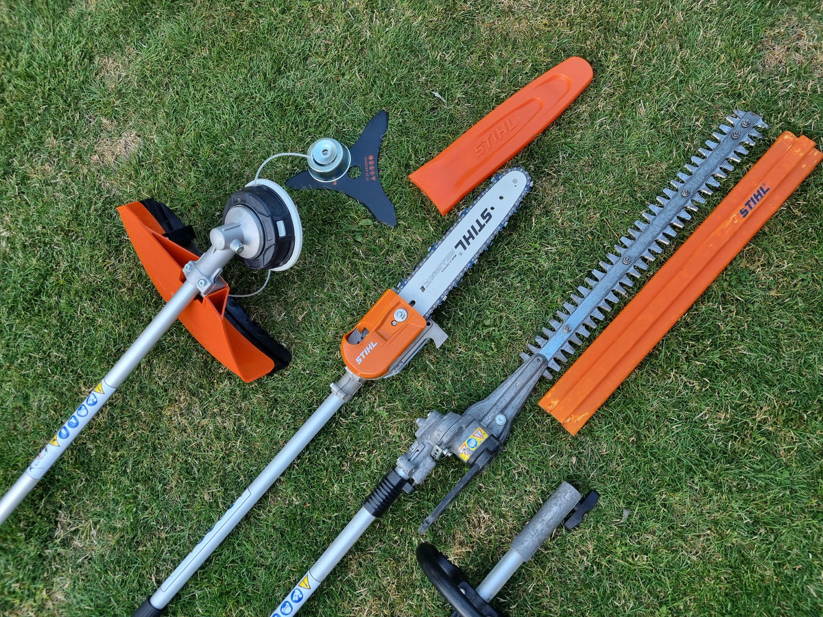 USED Stihl KM100R professional combi set. strimmer, long reach hedge cutter pole saw